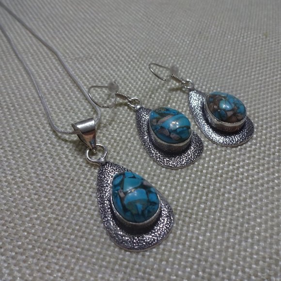 Natural "MOSAIC JASPER" Handmade Sterling NECKLACE & EARRINGS 20" Chain #303B - Picture 1 of 3